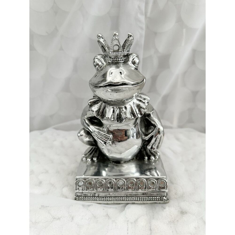 Vintage Silver PRINCE CHARMING FROG Statue Shiny 7-3/4" Tall Rare